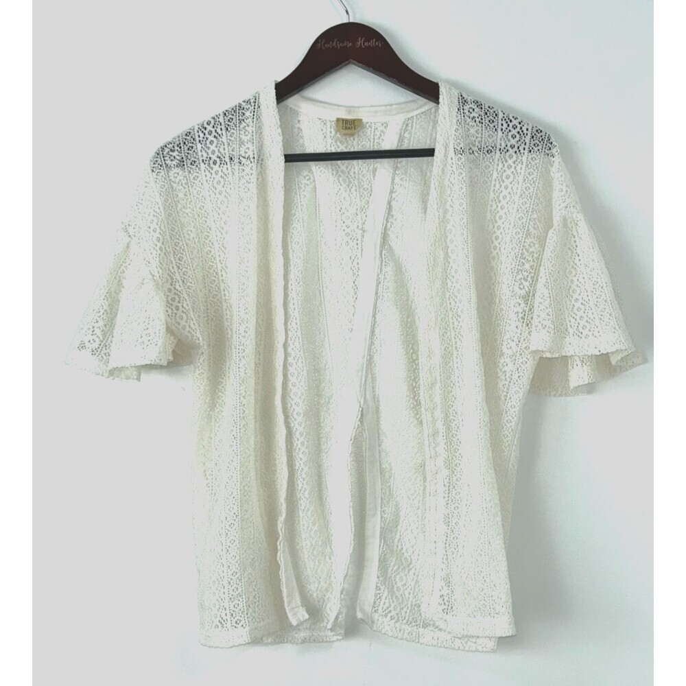 True Craft Womens Size L Lace Short Flutter Sleeve Open Cardigan Cream 1345H